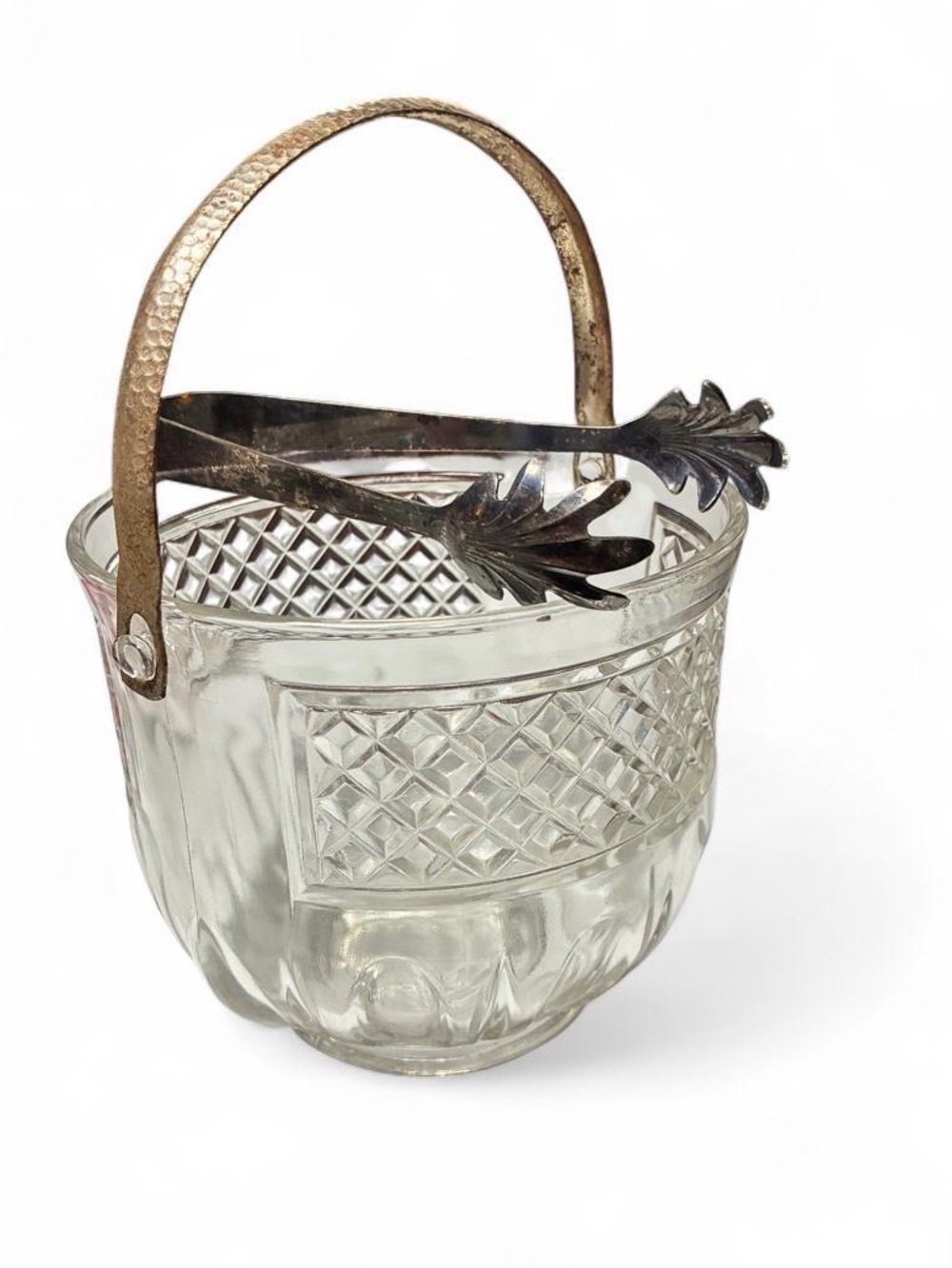 Vintage 6 wide Glass Ice Bucket with chrome Handle and Tongs - Clear